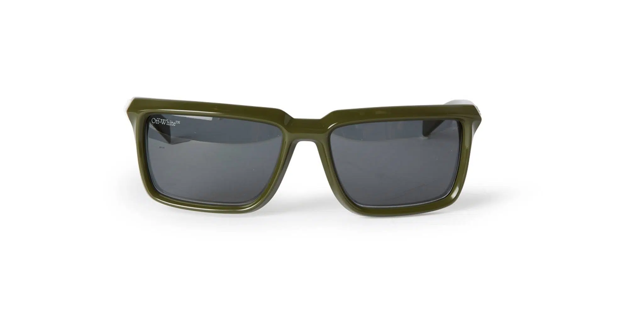 Off-White Portland rectangular sunglasses with dark lenses and an olive green frame, displayed from the front against a plain white background.