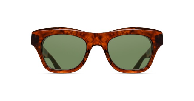 Matsuda M1027 tortoiseshell sunglasses with thick brown marbled frames and green tinted lenses, displayed front-facing on a white background.