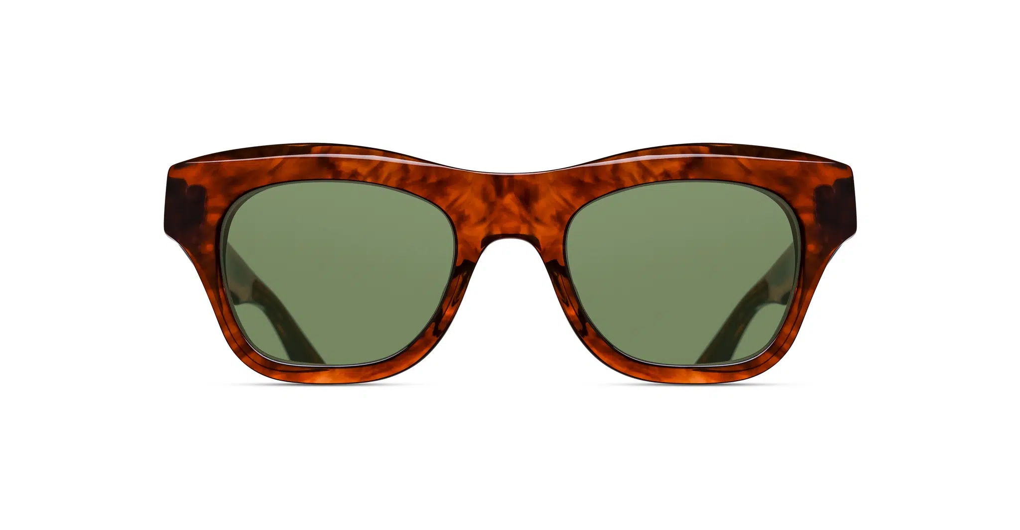 Matsuda M1027 tortoiseshell sunglasses with thick brown marbled frames and green tinted lenses, displayed front-facing on a white background.
