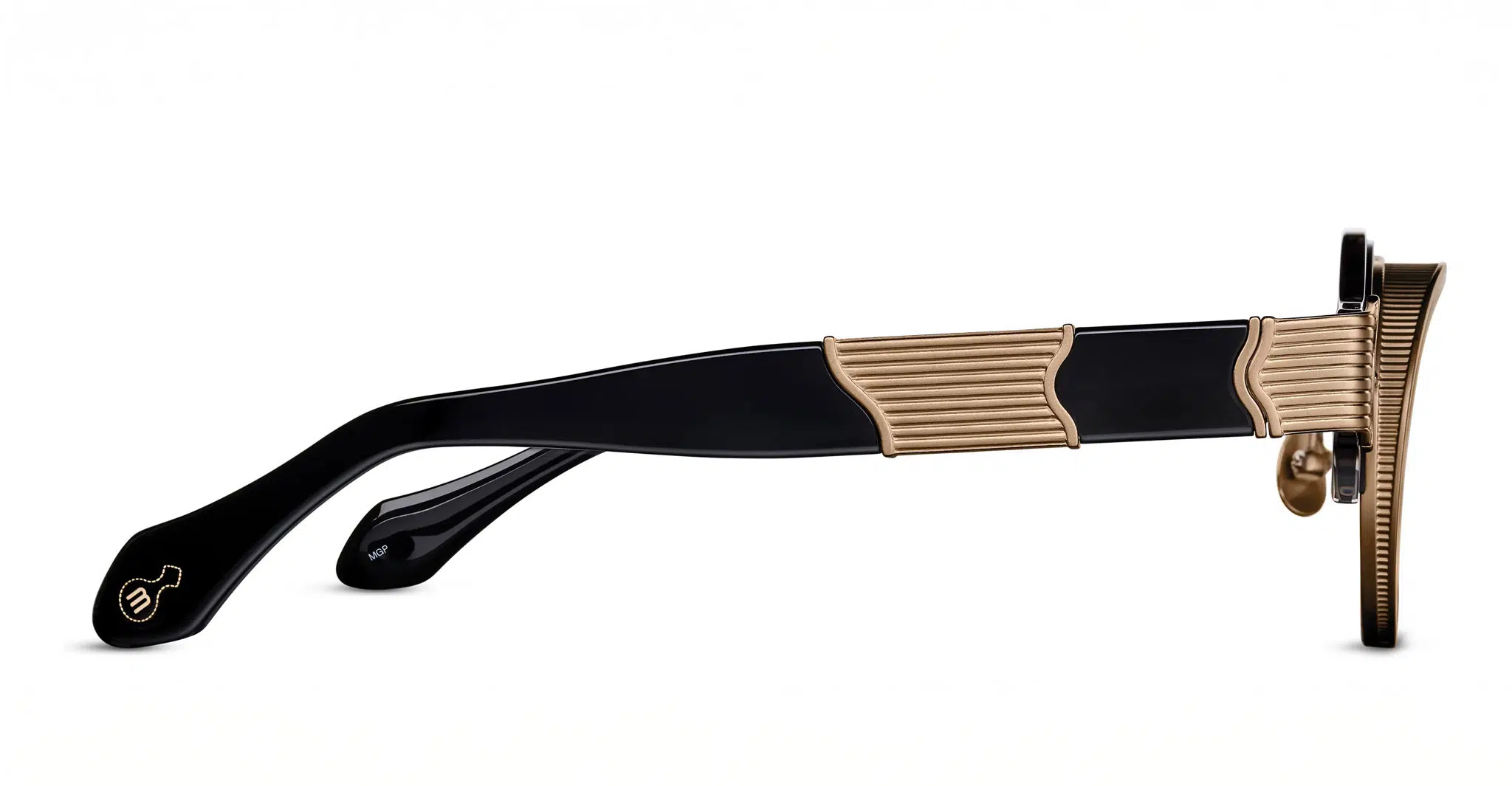 Side view of Matsuda 10605H: black eyeglass frame with gold ribbed detailing on the arm, a small gold emblem near the temple tip, and round lenses. The bold design highlights luxury and refinement.