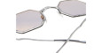 Close-up of Kuboraum Z19 sunglasses, featuring angular silver frames, light pink lenses, and slender metal arms. The image emphasizes the unique geometric design of these standout shades.