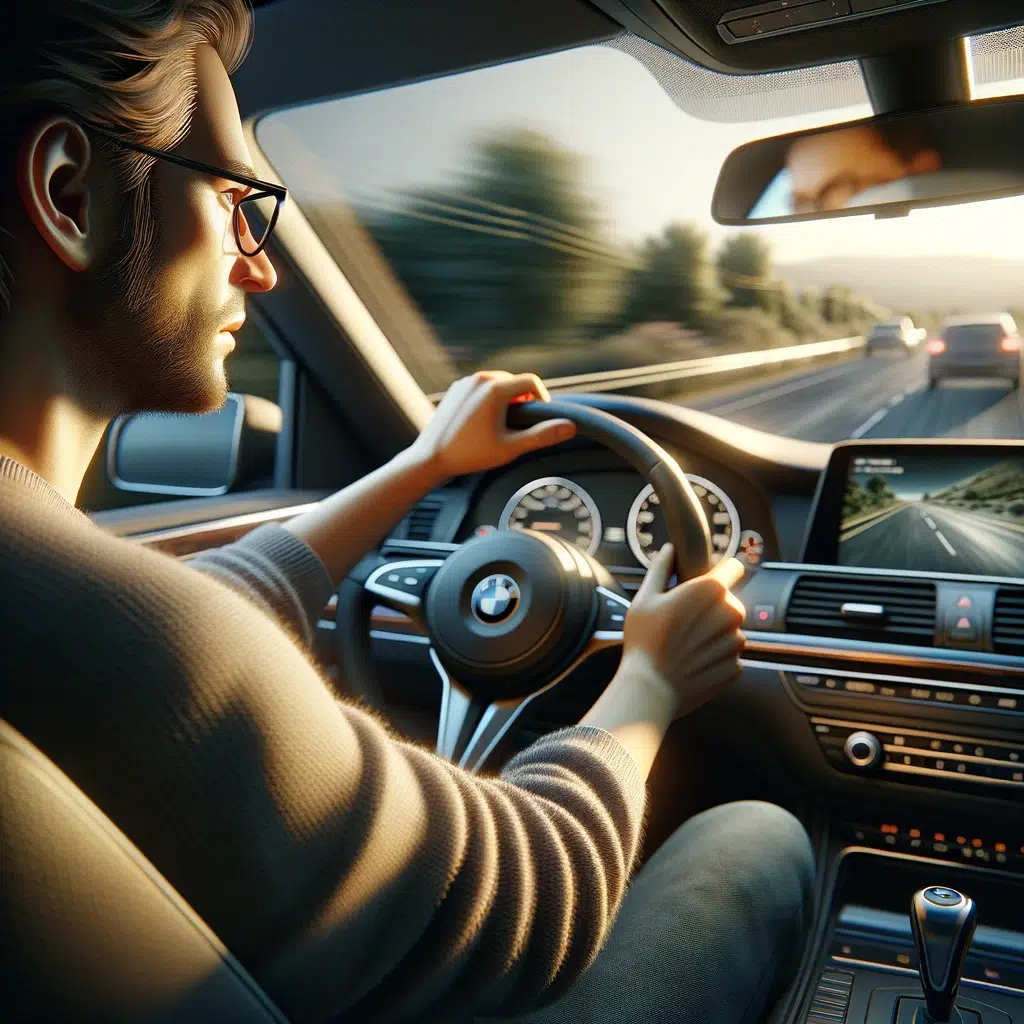 A detailed scene where a person is driving a car, wearing glasses. The interior of the car is visible, showing the steering wheel and dashboard