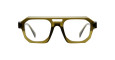 Front view of Kuboraum K33 oversized geometric eyeglass frames in olive green, featuring thick rims and clear lenses, set against a plain white background.