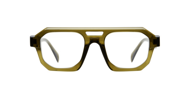Front view of Kuboraum K33 oversized geometric eyeglass frames in olive green, featuring thick rims and clear lenses, set against a plain white background.