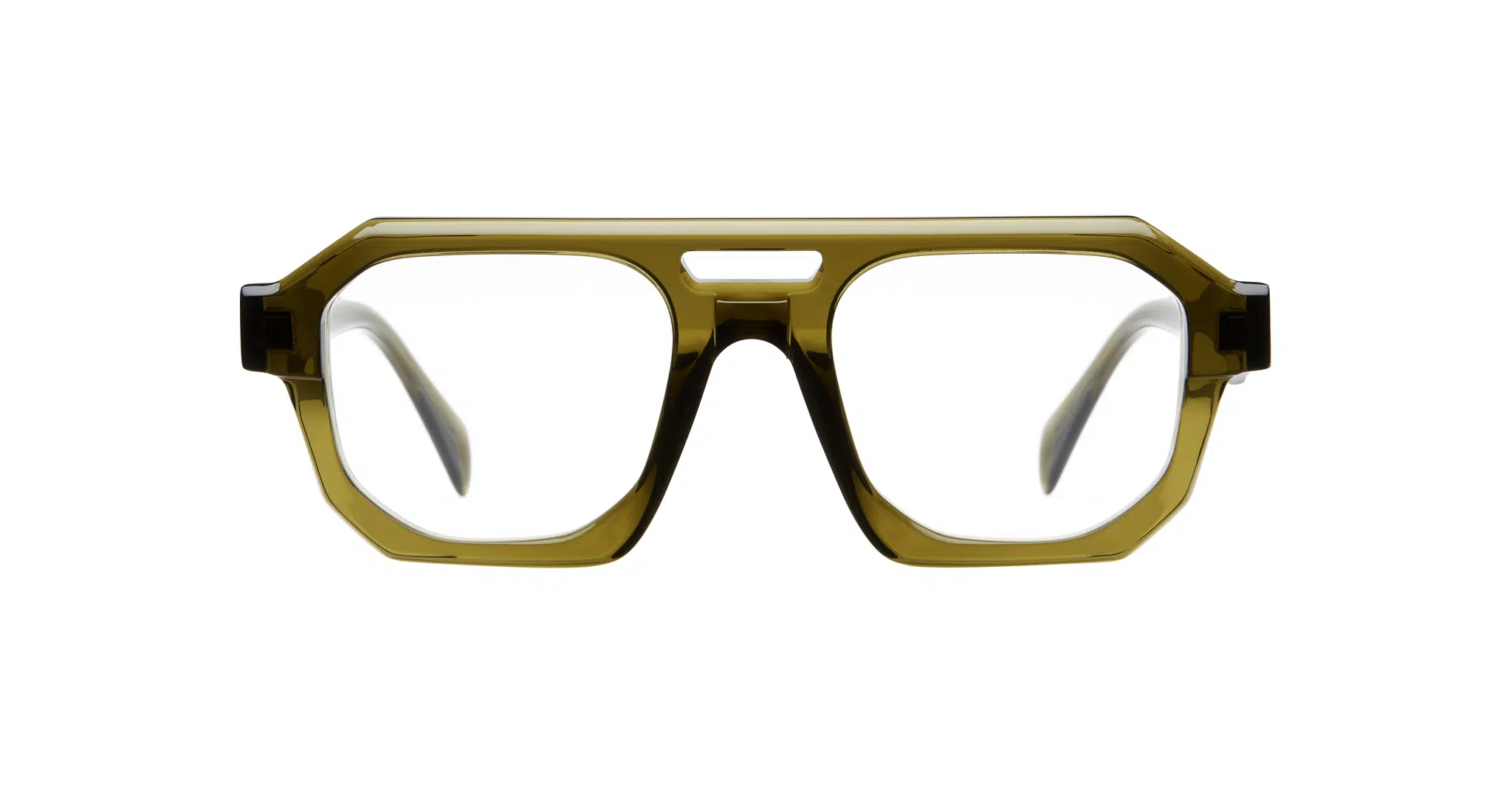 Kuboraum-K33 MO_WARM OLIVE 01-Dan-Deutsch Front view of Kuboraum K33 oversized geometric eyeglass frames in olive green, featuring thick rims and clear lenses, set against a plain white background.