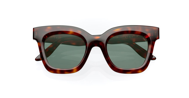 Lapima Lisa X sunglasses featuring tortoiseshell rectangular thick frames and dark green lenses, shown against a white background.