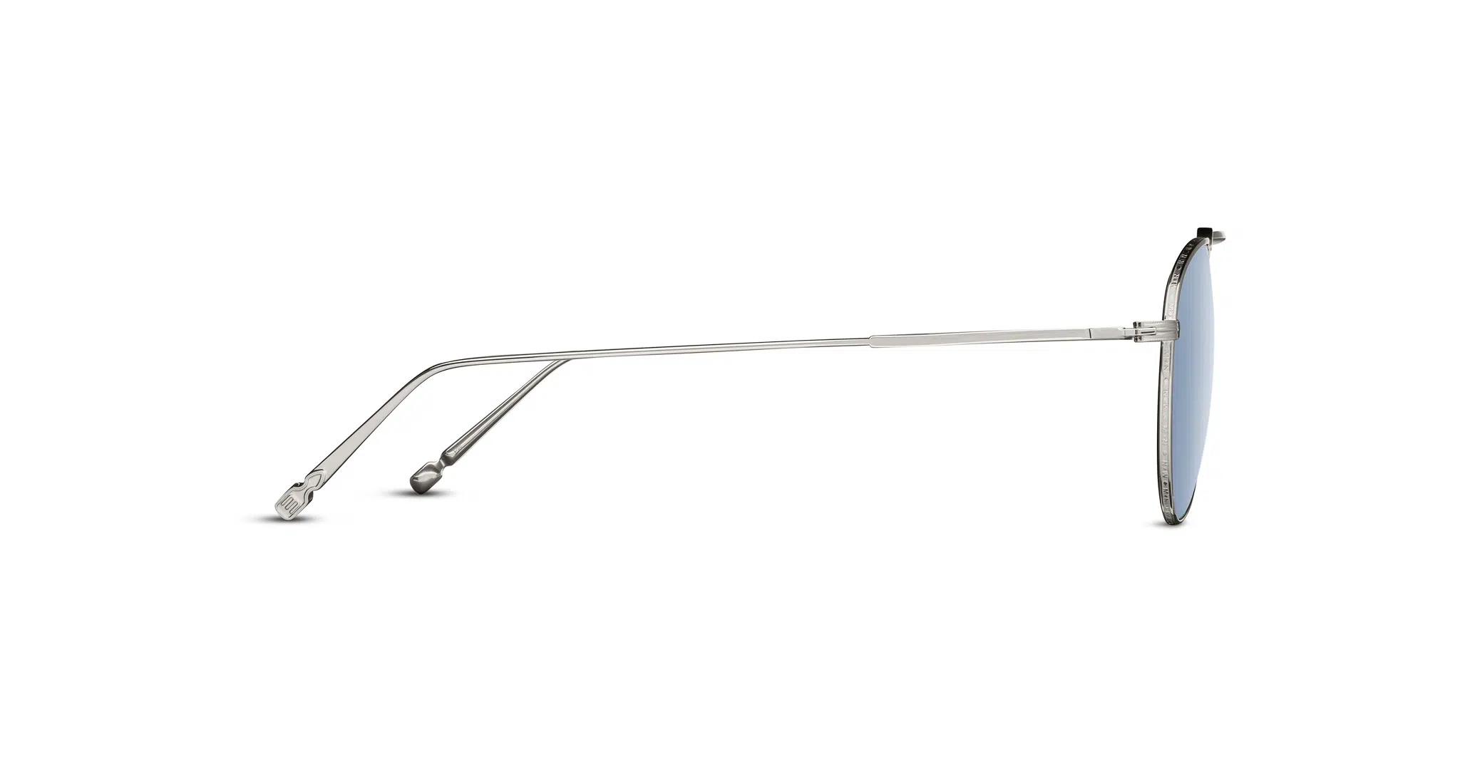 Side view of Matsuda M3130 thin metal sunglasses with light blue lenses and clear nose pads, displayed against a white background.