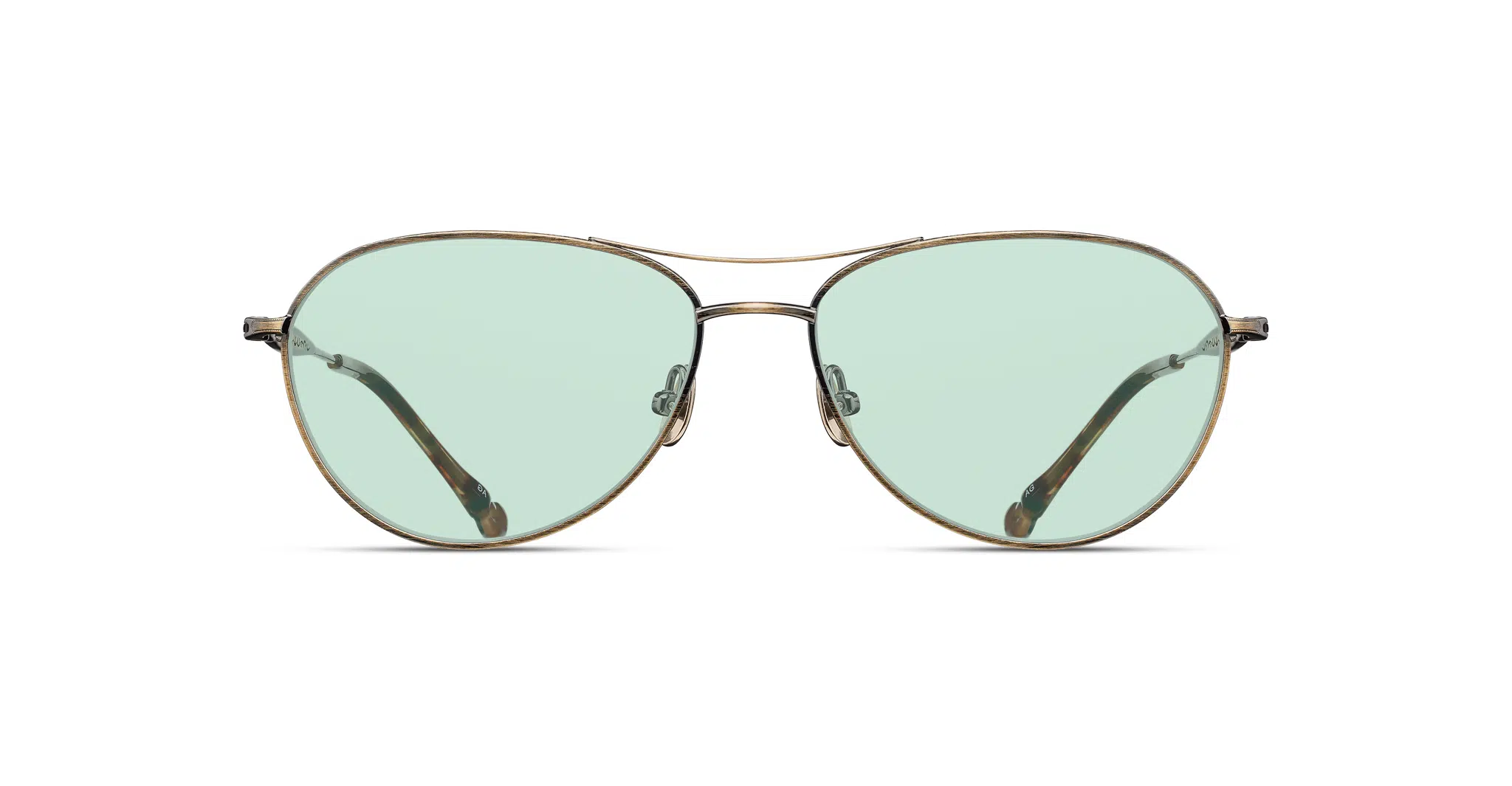 The Matsuda M3139 features aviator-style sunglasses with thin metal frames and light green-tinted lenses, displayed from the front on a white background.