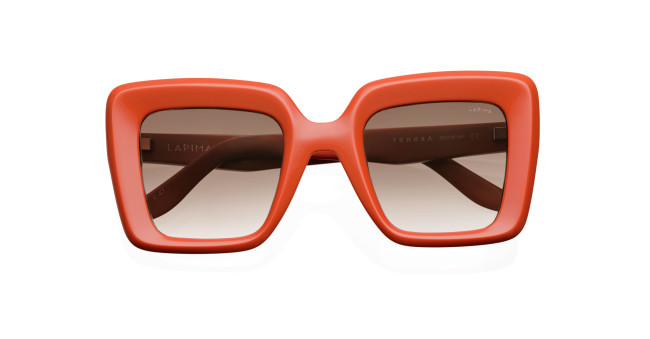 Bold, oversized square sunglasses with thick, bright orange frames and dark tinted lenses, displayed against a white background.