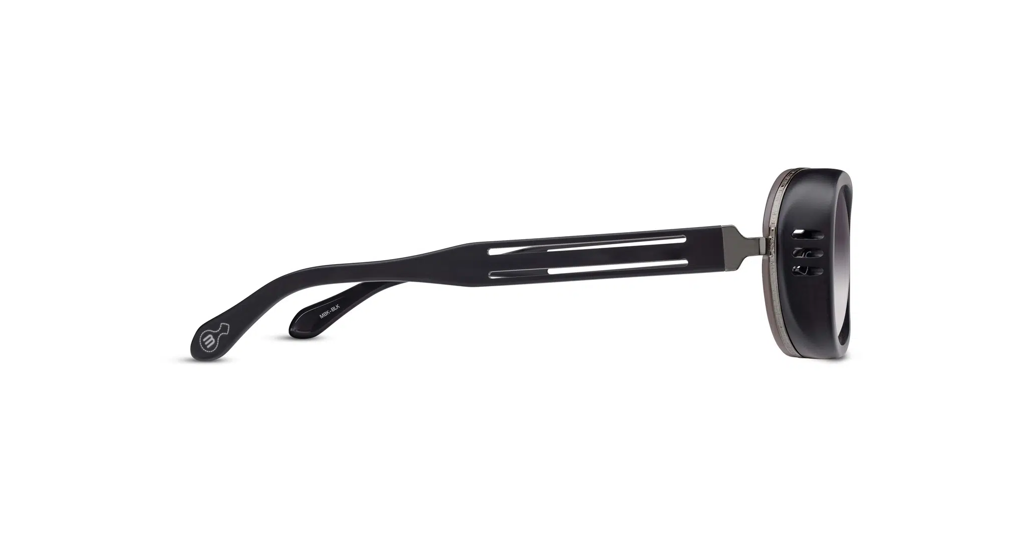 A side view of the Matsuda 10616H black eyeglasses with rectangular frames, two parallel cutouts and a small logo on the temple arm, dark-tinted lenses, displayed against a white background.