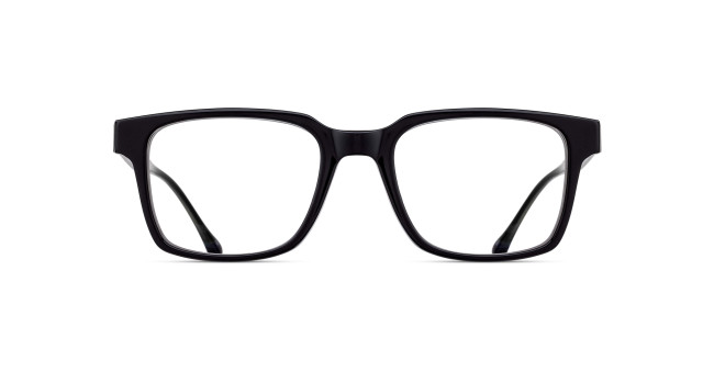 A pair of black, thick-rimmed eyeglasses with large, rectangular lenses, shown from the front on a white background.