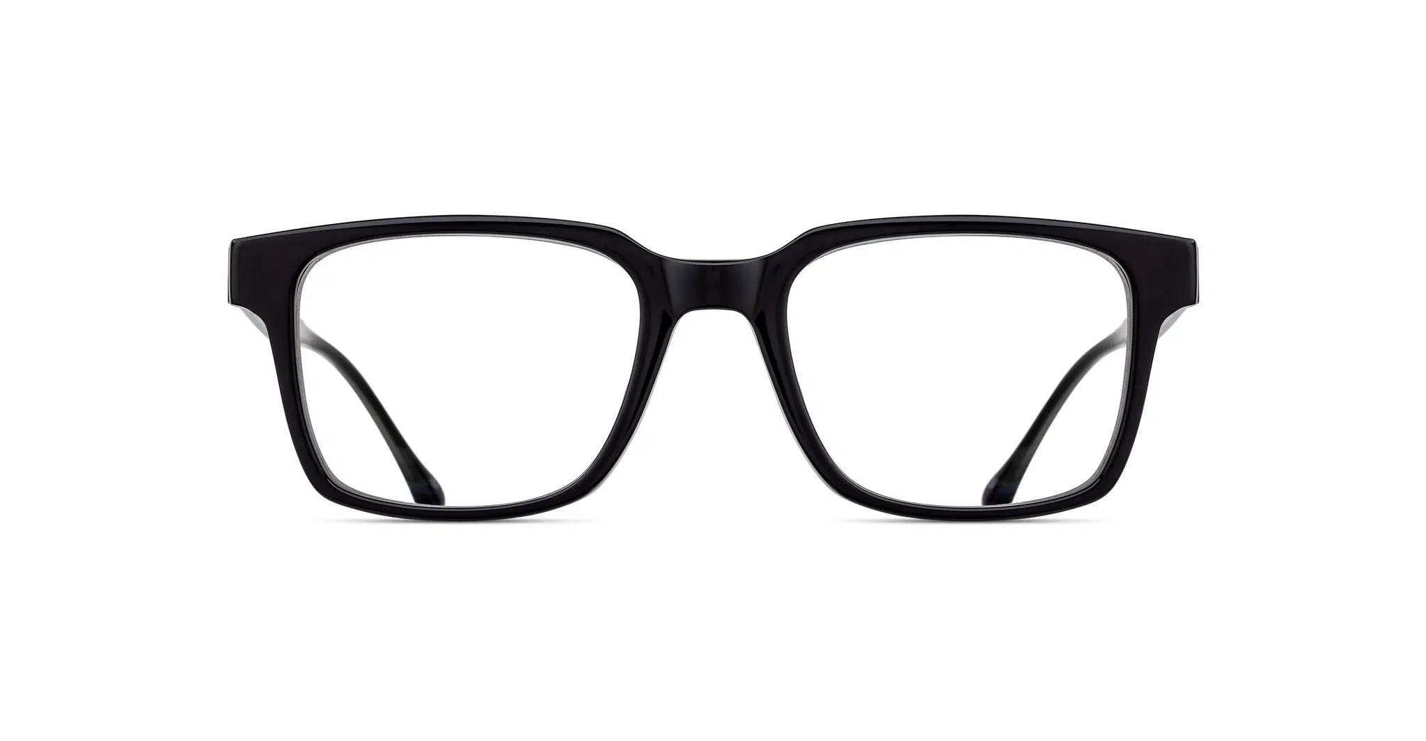 A pair of black, thick-rimmed eyeglasses with large, rectangular lenses, shown from the front on a white background.