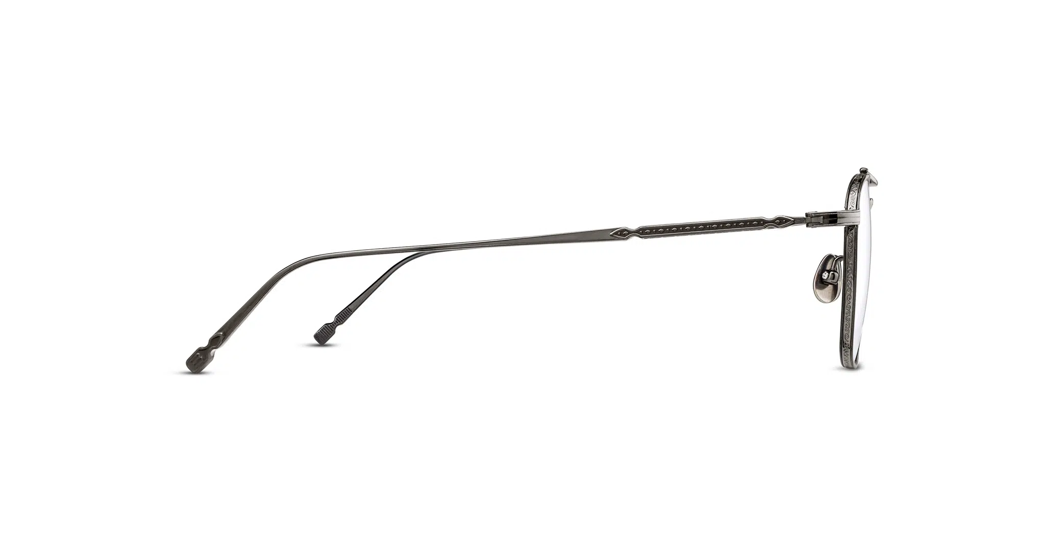 Side view of Matsuda M3149: thin, metallic eyeglass frames with nose pads and straight temples curved at the ends. Features a minimalist design and subtle sheen.