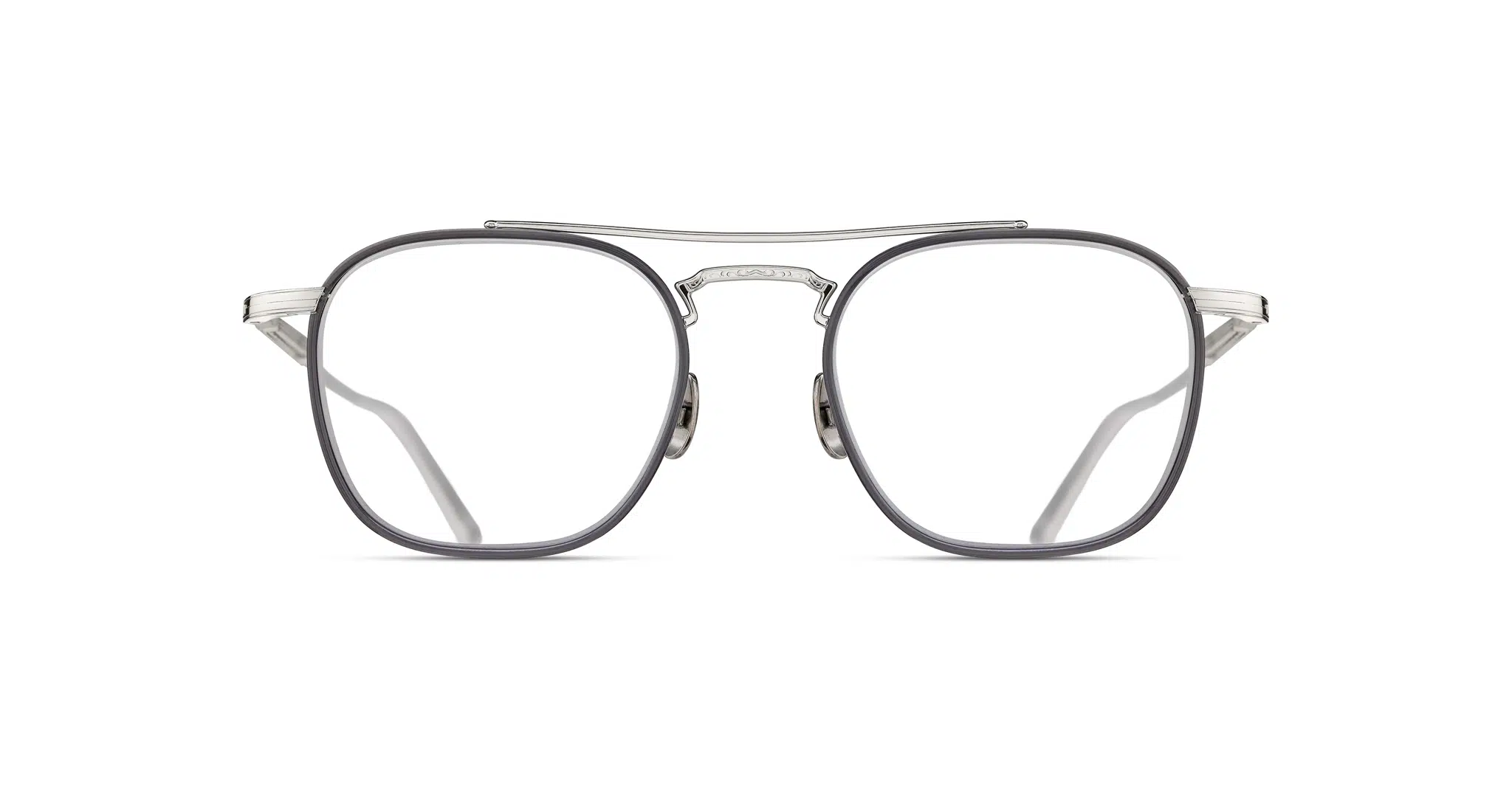 The Matsuda M3149 is a pair of silver metal eyeglasses featuring a double bridge and rectangular lenses, shown from the front against a white background.