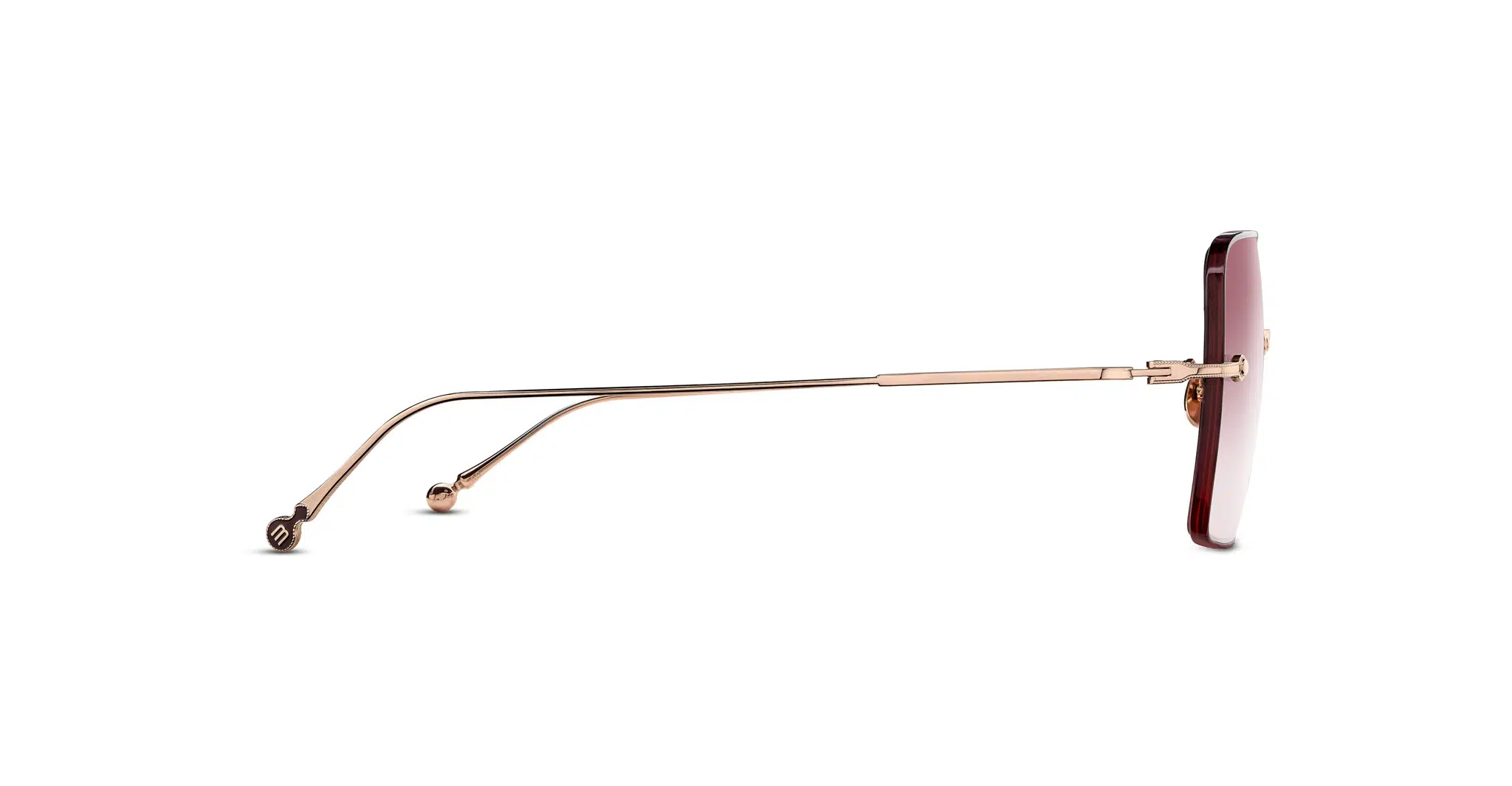 Side view of Matsuda M5005 sunglasses featuring thin gold metal arms and red-tinted rectangular lenses, set against a white background.