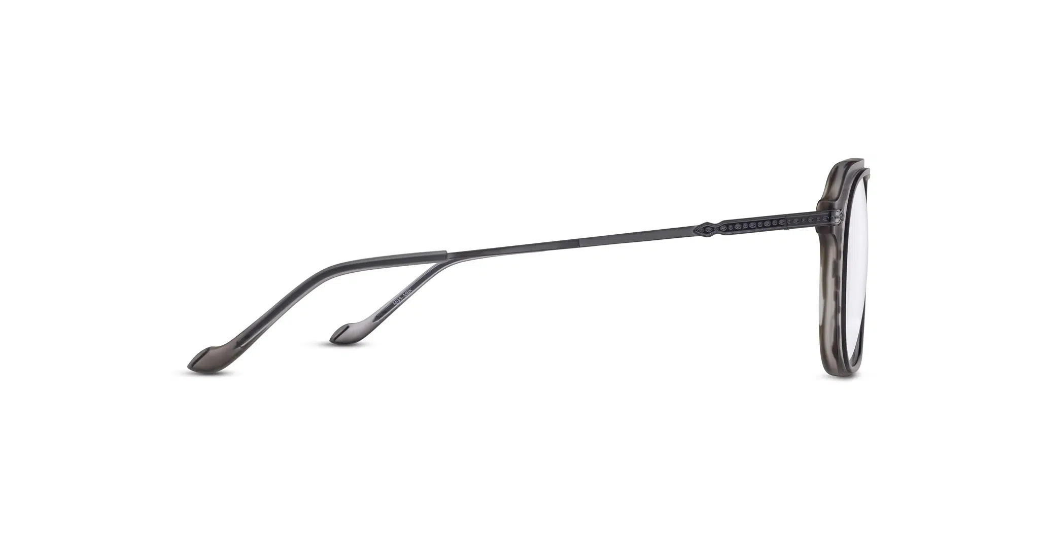 Side view of Matsuda M2062 eyeglasses featuring thin, dark metal temples and round lenses. The lightweight frames have curved temple tips for a secure fit behind the ears.