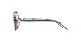 Side view of Kuboraum P1 eyeglasses with round maroon frames, maroon arms featuring a gold accent and blue-green detail near the hinges, displayed on a white background.