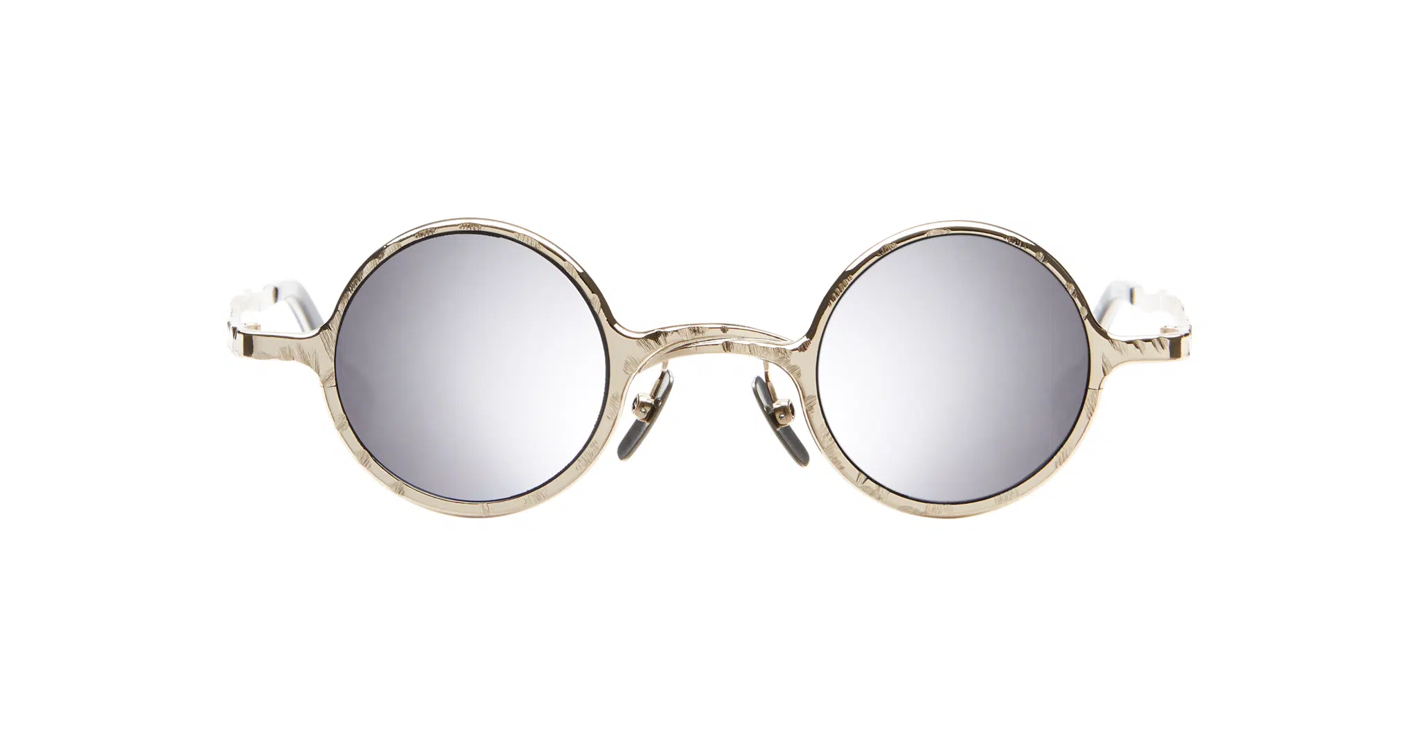 Kuboraum Z17 round sunglasses feature reflective lenses and gold-colored frames, displayed against a white background.