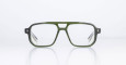 The Jacques Marie Mage Evans eyeglasses feature rectangular lenses and a thick green plastic frame, shown from the front against a plain white background.