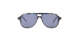 A pair of Thom Browne aviator sunglasses with blue-tinted lenses and a multicolored, tortoiseshell-style frame. The design features a straight top edge and a small cutout above the nose bridge.