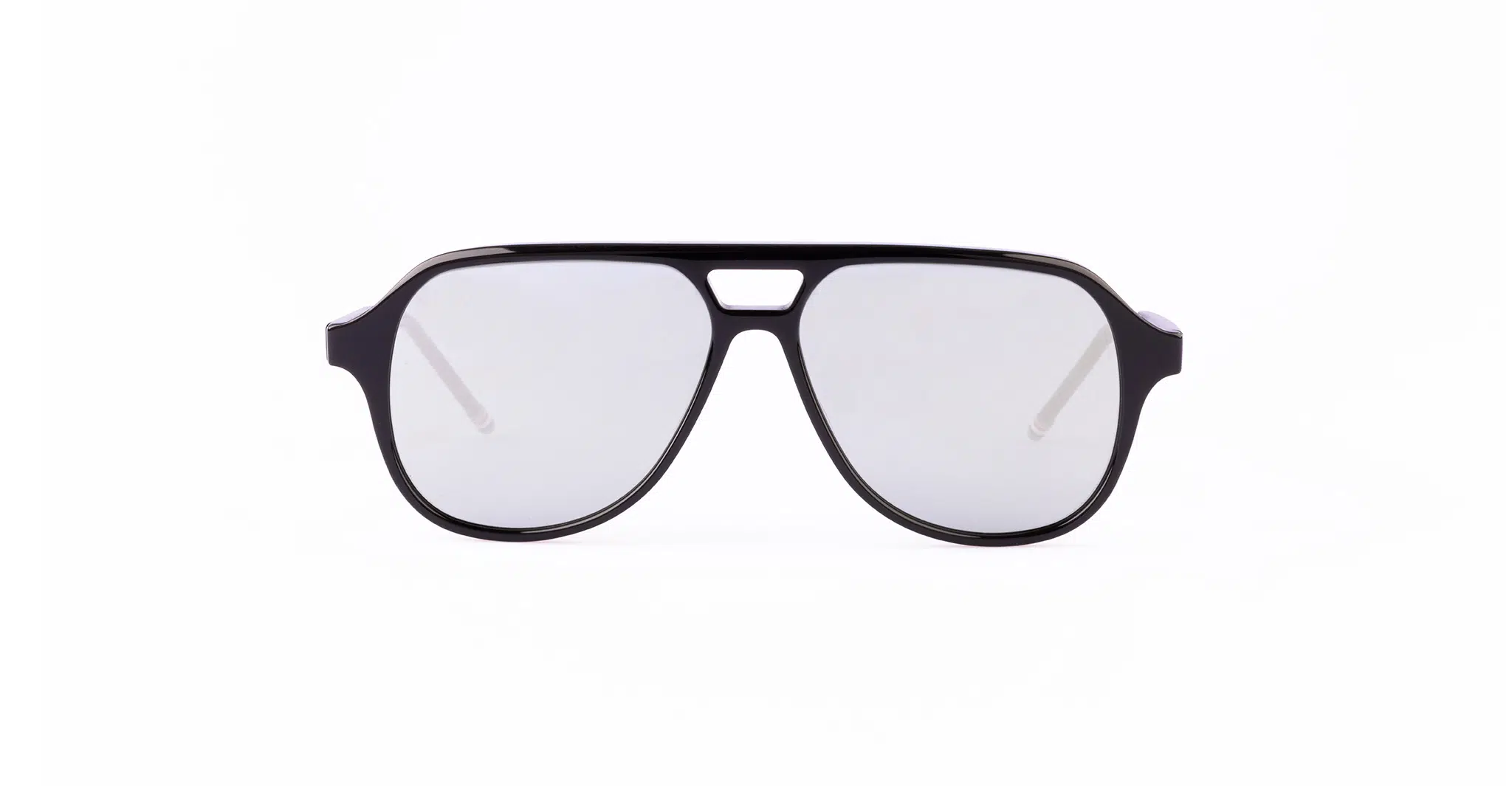 Thom Browne 927 Sunglasses in Shiny Black A pair of black aviator-style sunglasses with mirrored lenses is shown against a plain white background.