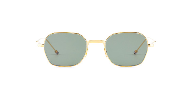 Thom Browne 936 sunglasses feature gold frames and light green rectangular lenses, shown on a white background with both lenses and temples visible facing directly forward.