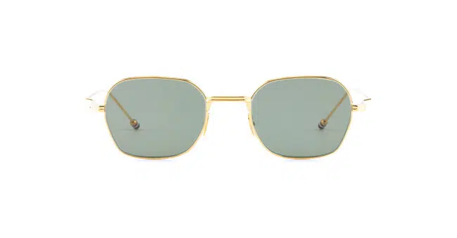 Thom Browne 936 sunglasses feature gold frames and light green rectangular lenses, shown on a white background with both lenses and temples visible facing directly forward.