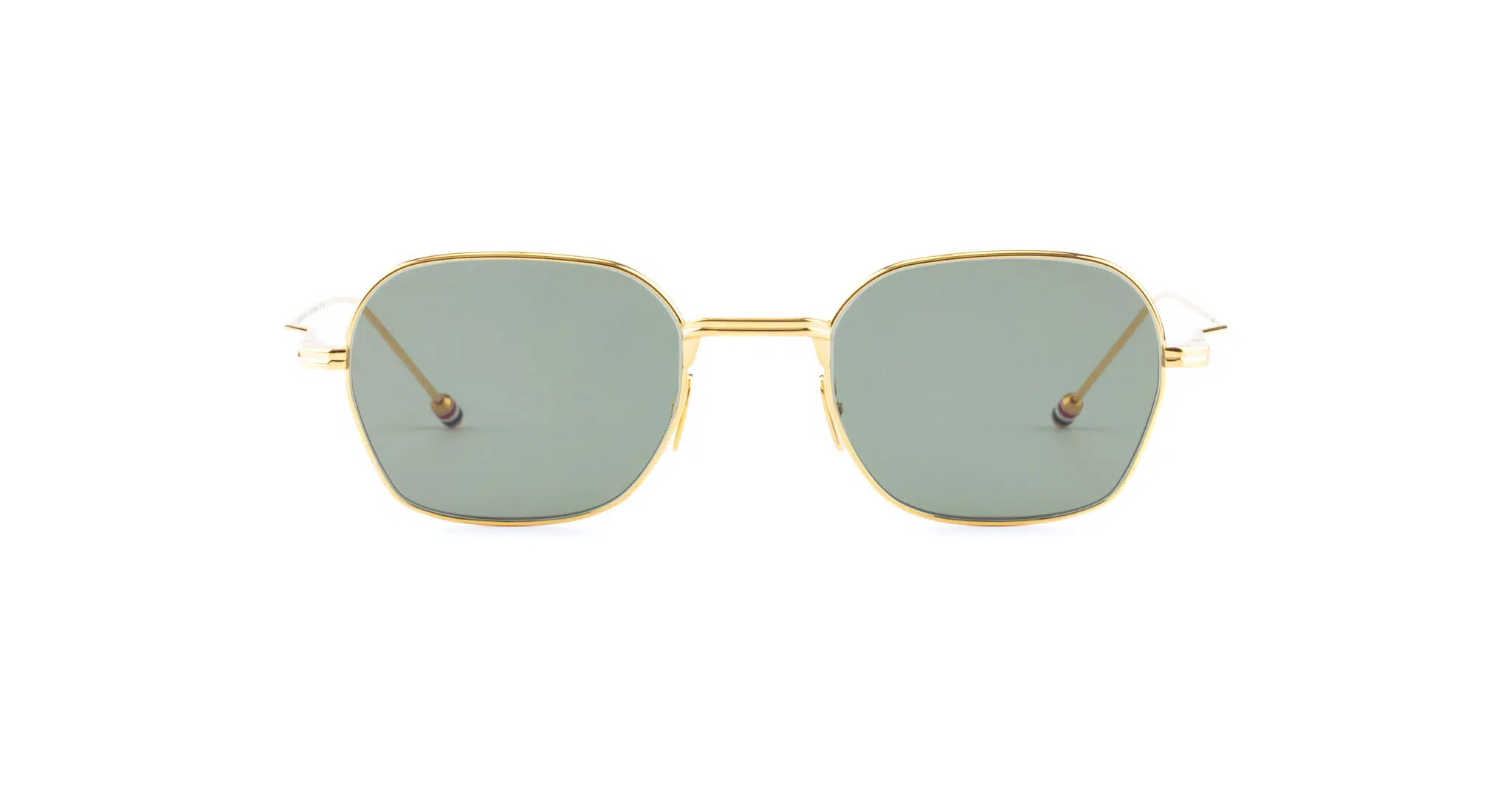 Thom Browne 936 sunglasses feature gold frames and light green rectangular lenses, shown on a white background with both lenses and temples visible facing directly forward.