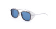 Angled view of a pair of Thom Browne sunglasses with blue-tinted lenses, a silver metal frame, black accents around the lenses, and silver mesh side shields, displayed on a white background.