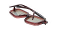 The Kuboraum P23 eyeglasses, with bold red thick rectangular frames and tinted lenses, are folded to display both the front and arms on a white background.