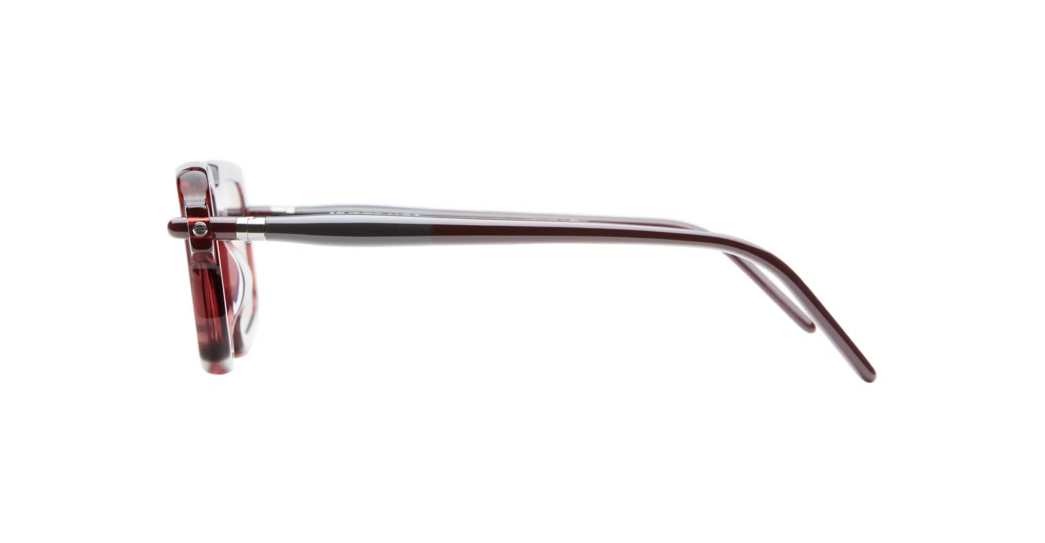 Side view of Kuboraum P23 red eyeglasses featuring translucent frames and straight arms, displayed against a white background.