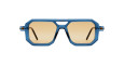 The Kuboraum P8 sunglasses feature thick blue geometric frames and light brown lenses, shown from the front against a white background.