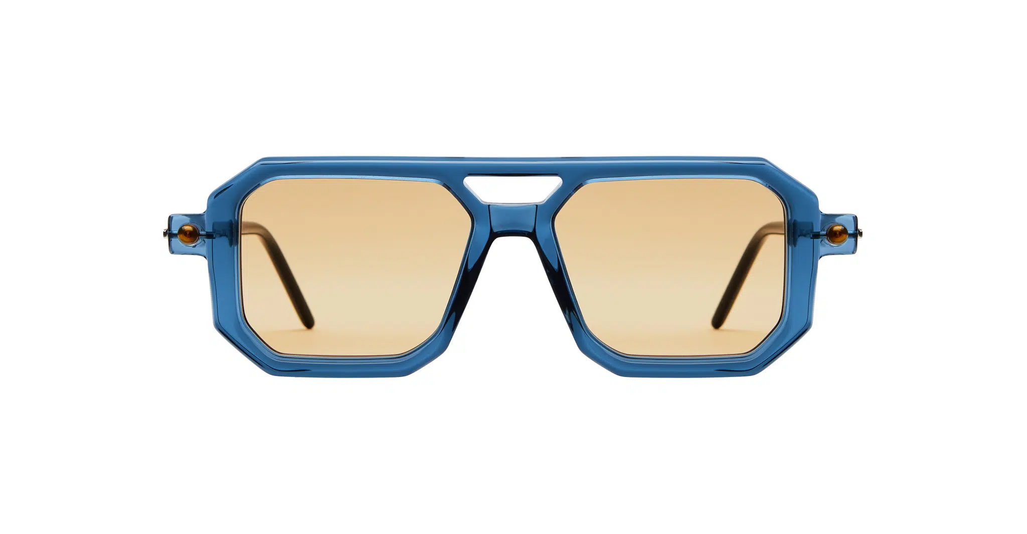 Kuboraum-P8-BBY-Biscay-Blue-KRS0P8BBY000002R-Front-Dan-Deutsch The Kuboraum P8 sunglasses feature thick blue geometric frames and light brown lenses, shown from the front against a white background.