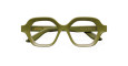 Olive green, geometric eyeglass frames are shown from the front. The brand name LAPIMA and model information are printed in gold on the inside of the left temple.
