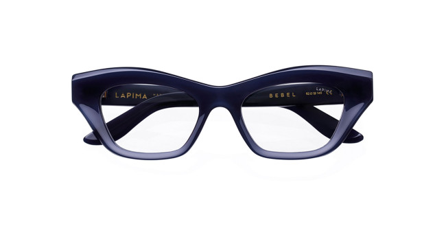 Dark blue acetate eyeglass frames with a bold, angular cat-eye shape, shown from the front against a white background.