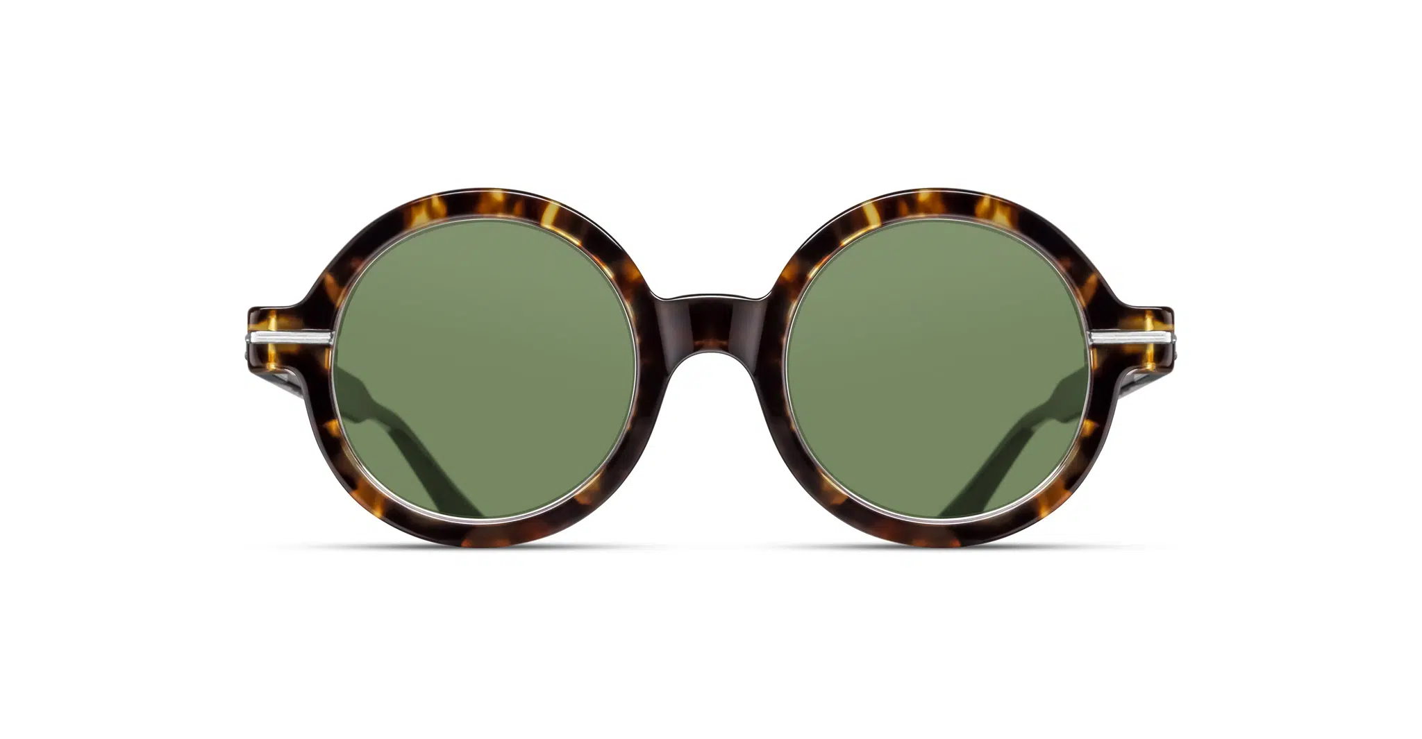 The Matsuda M2059 round sunglasses feature green lenses and a brown tortoiseshell frame, displayed on a white background with a front-facing view.