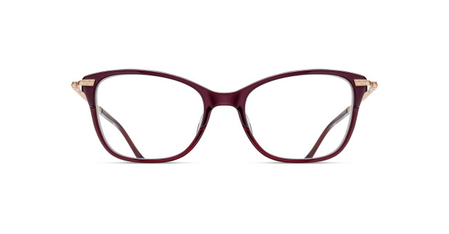 Front view of Matsuda M2065 eyeglasses with large, rounded rectangular lenses and dark burgundy frames. Metallic accents highlight the temples near the hinges. Set against a plain white background.