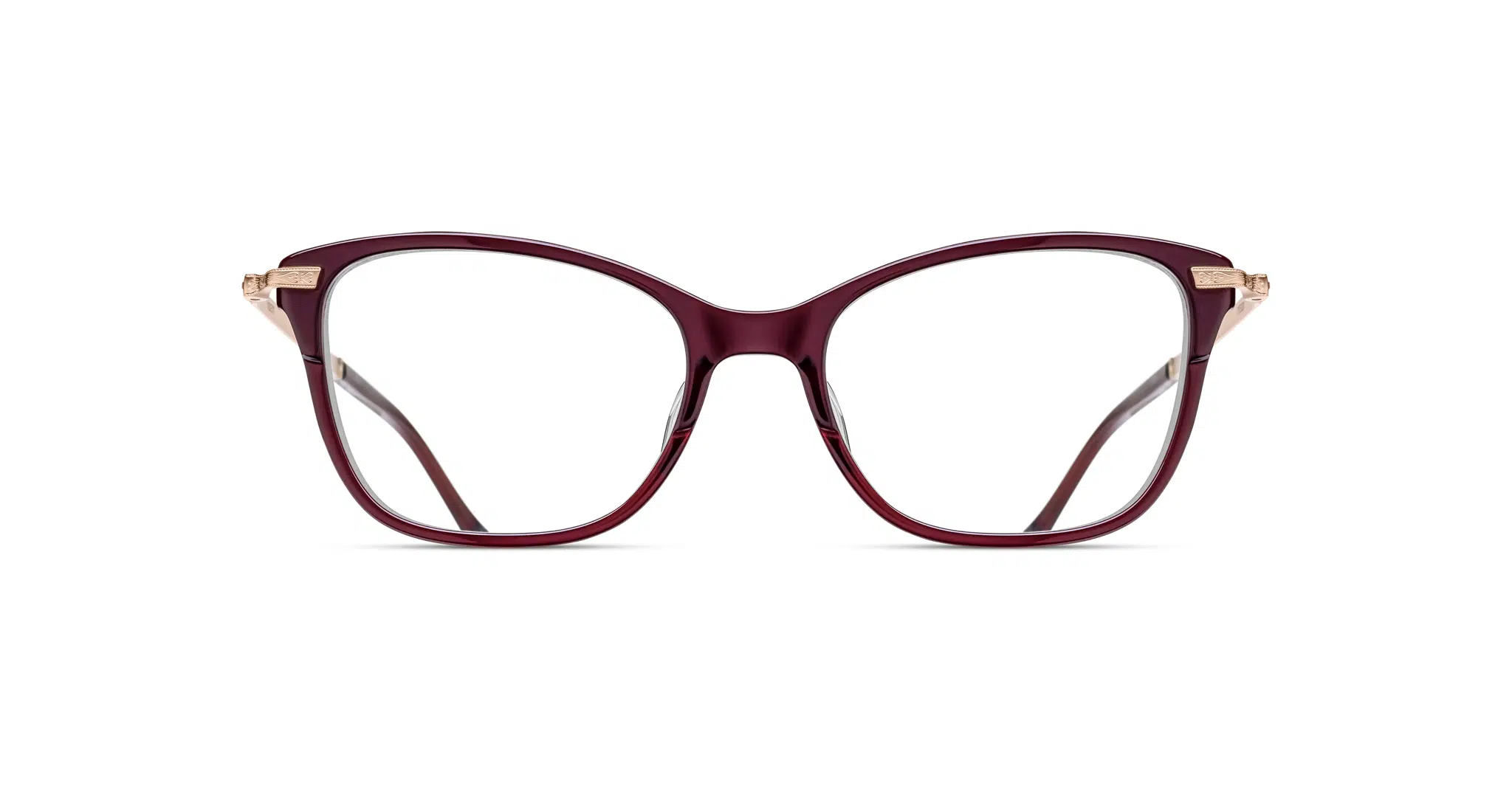 Matsuda-M2065-Bordeaux-M2065.RX.BOR-RG.51-Front-Dan-Deutsch Front view of Matsuda M2065 eyeglasses with large, rounded rectangular lenses and dark burgundy frames. Metallic accents highlight the temples near the hinges. Set against a plain white background.