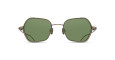 The Matsuda M3153 sunglasses feature large, geometric green-tinted lenses and a thin antique brass metal frame, shown from the front against a white background.