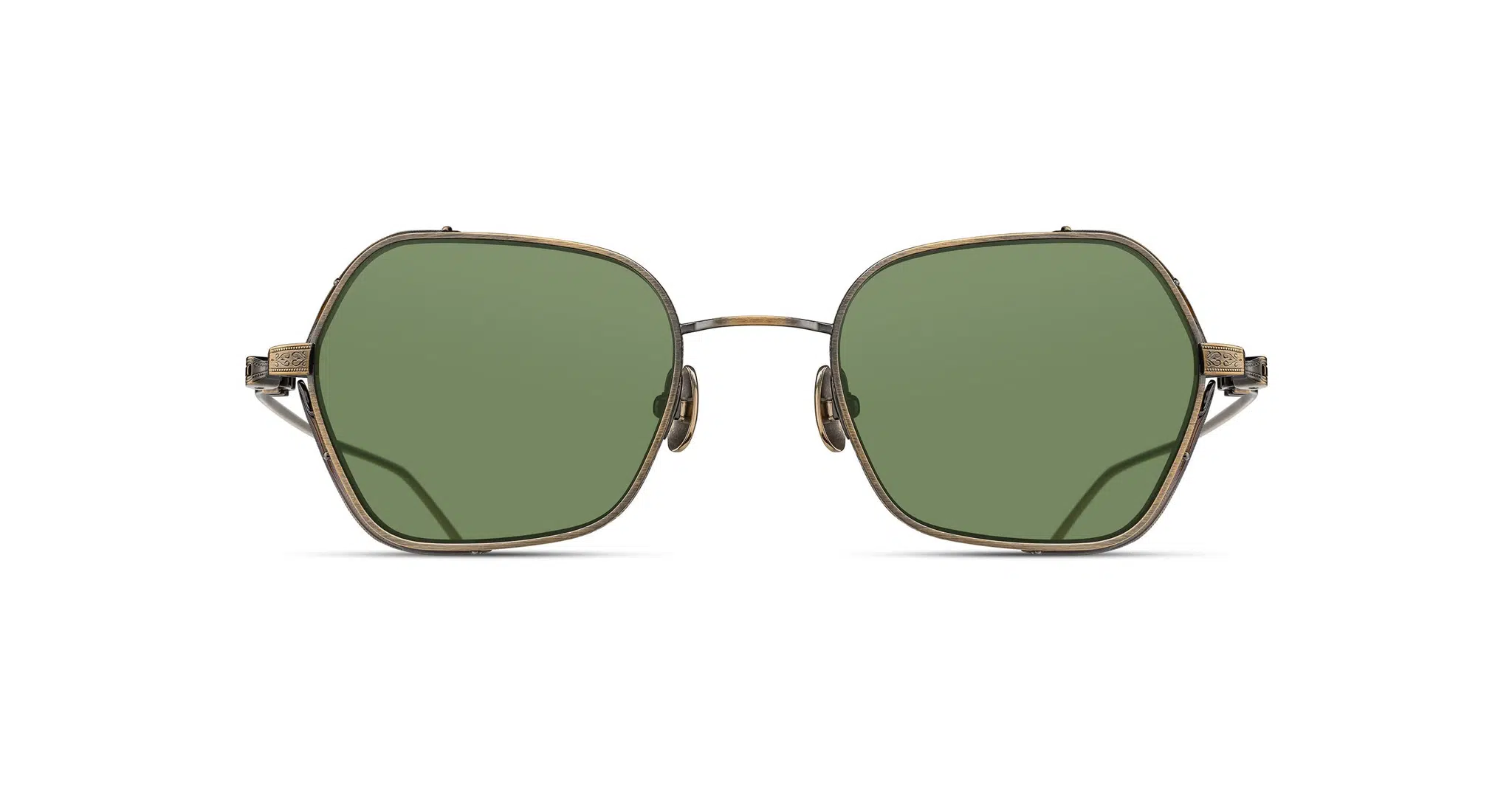The Matsuda M3153 sunglasses feature large, geometric green-tinted lenses and a thin antique brass metal frame, shown from the front against a white background.