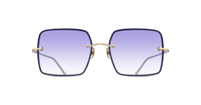 The Matsuda M5005 sunglasses feature a square shape with a dark minimalistic frame, thin gold arms and bridge, and large purple gradient lenses that fade from dark at the top to light at the bottom.