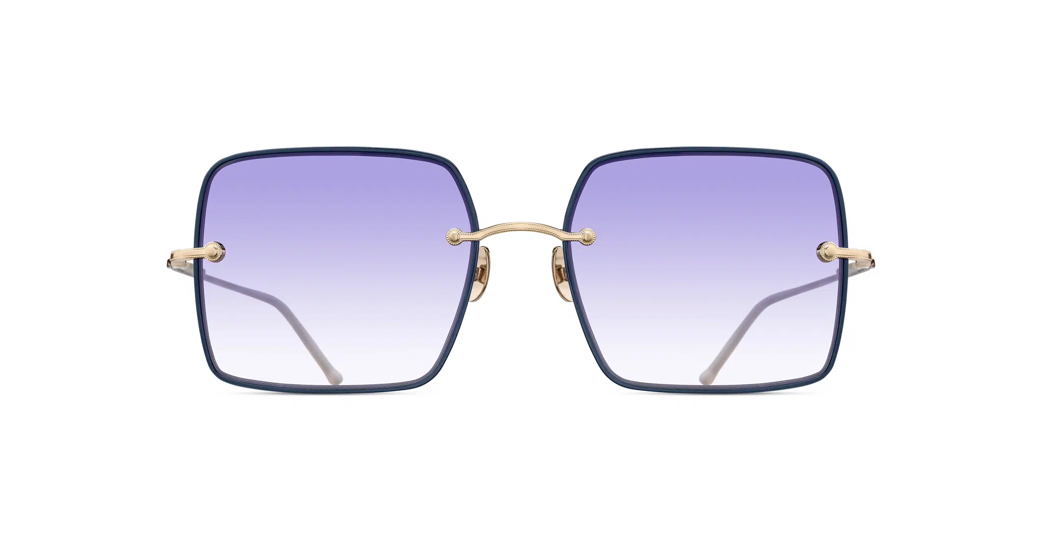Matsuda-M5005-Brushed-Gold-M5005.SG.BG.55-Front-Dan-Deutsch The Matsuda M5005 sunglasses feature a square shape with a dark minimalistic frame, thin gold arms and bridge, and large purple gradient lenses that fade from dark at the top to light at the bottom.