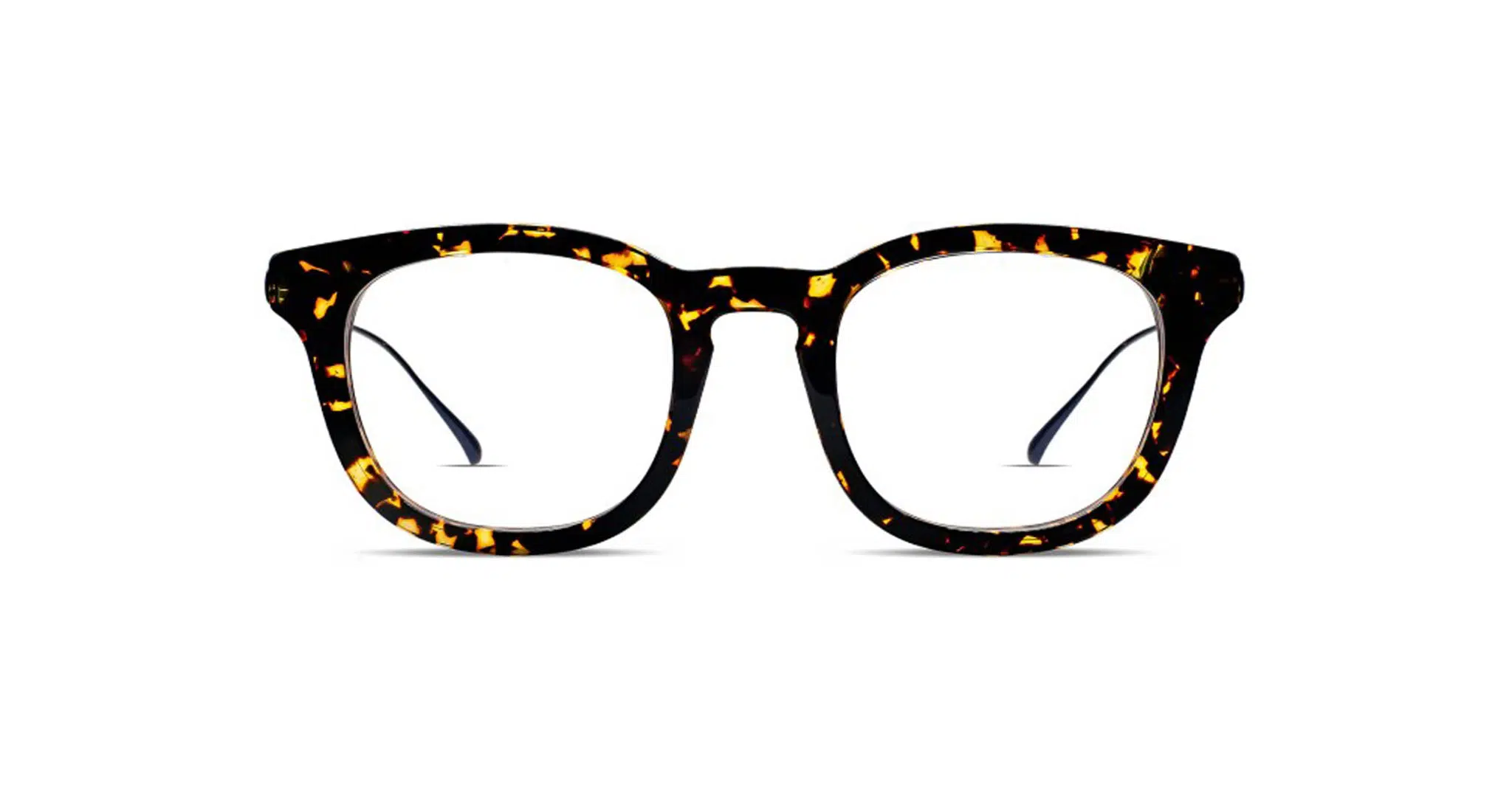 A pair of eyeglasses with rectangular lenses and a dark tortoiseshell frame, shown against a white background.