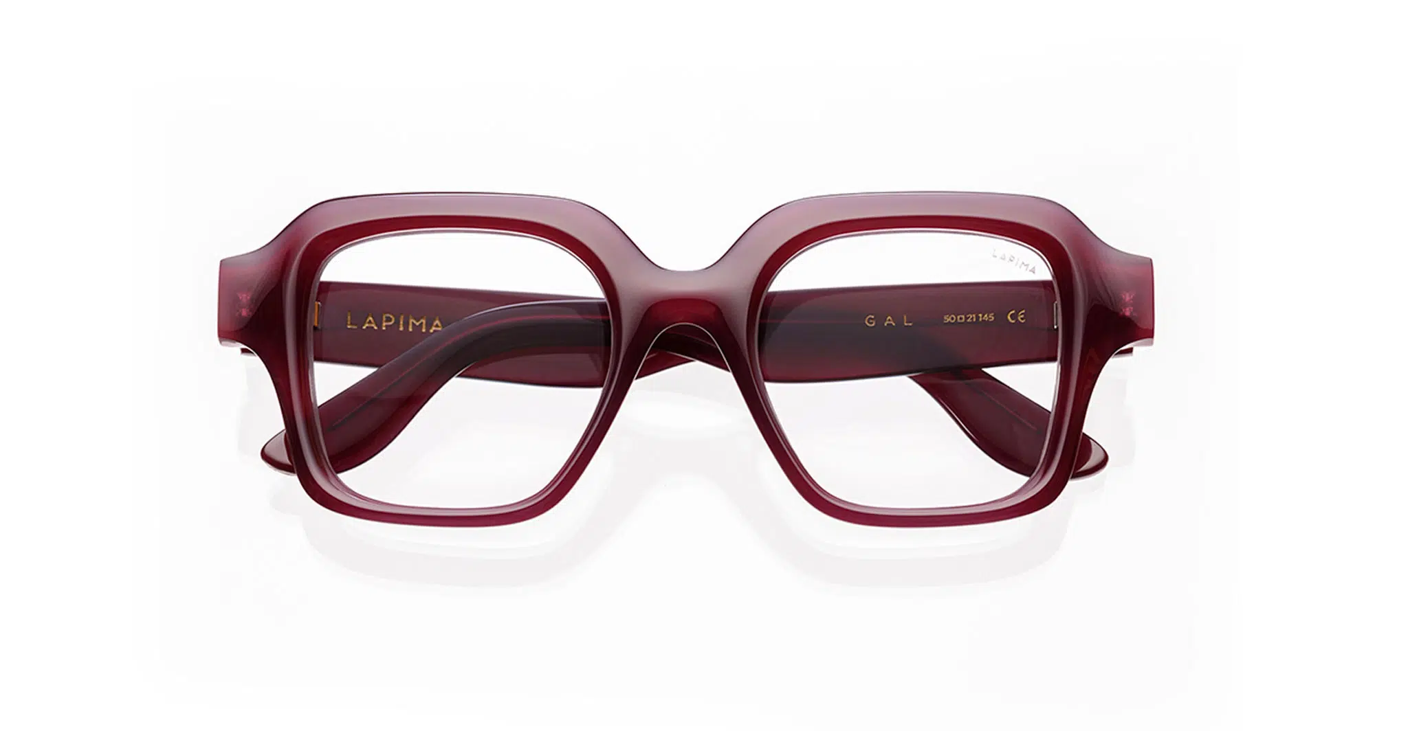 Lapima Gal rectangular eyeglasses with thick, dark red frames and clear lenses, shown on a white background. LAPIMA Gal branding is visible on the inner arm.