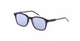A pair of black square-framed Thom Browne Sunglasses with blue tinted lenses, shown on a white background. The frame features subtle silver accents near the hinges and small red and white stripes at the tips of the arms.