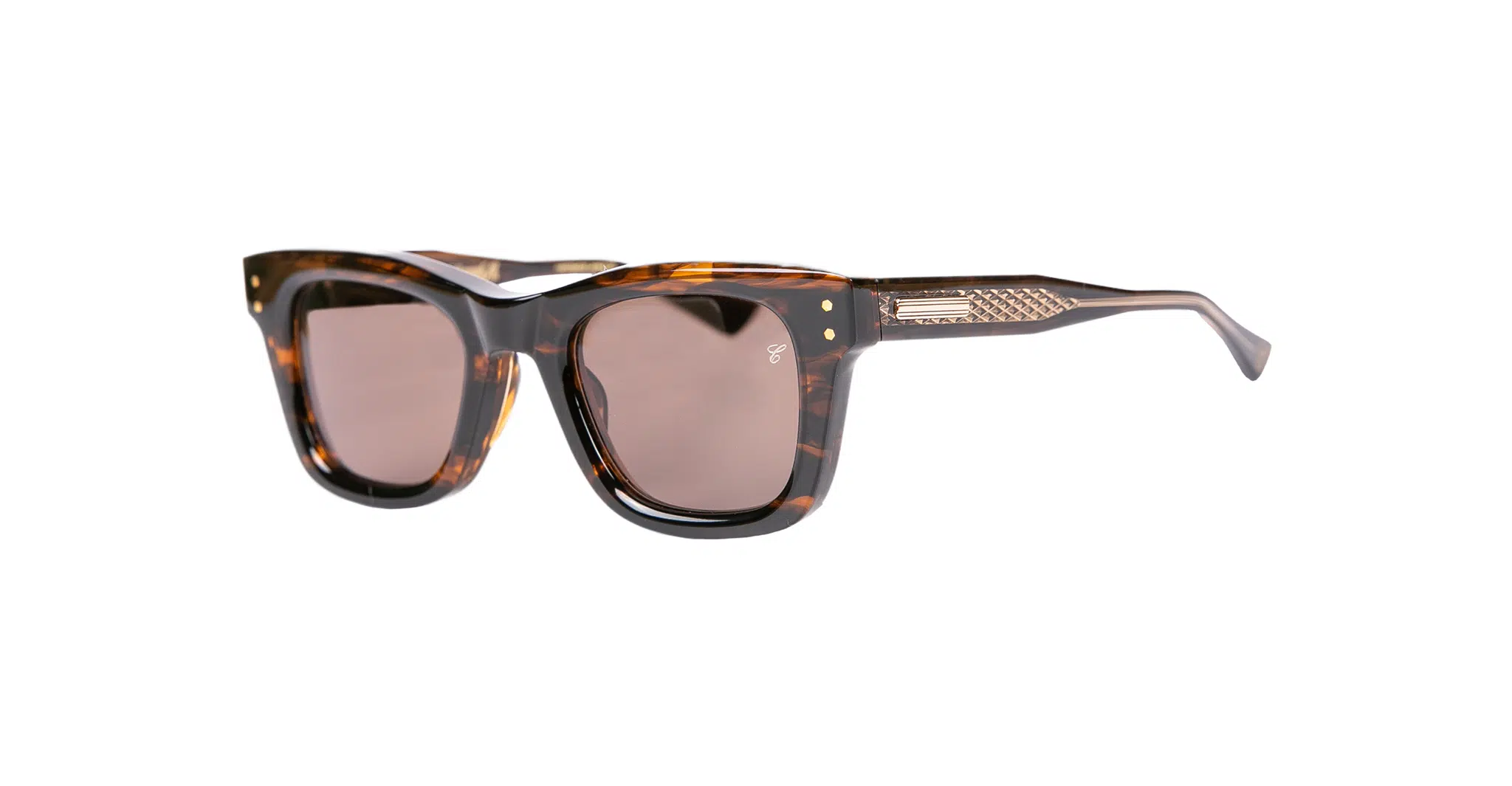 Native Sons x Casinola "The E's" tortoiseshell rectangular sunglasses with dark lenses and gold-accented arms, displayed on a white background.