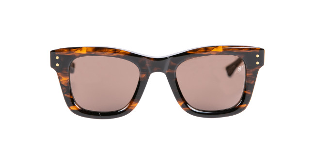 Native Sons x Casinola "The E's" sunglasses feature a tortoiseshell pattern, rectangular frames, and brown tinted lenses, displayed against a white background.