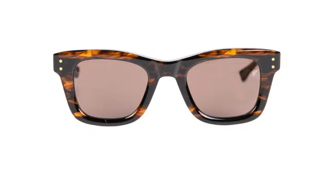 Native Sons x Casinola "The E's" sunglasses feature a tortoiseshell pattern, rectangular frames, and brown tinted lenses, displayed against a white background.