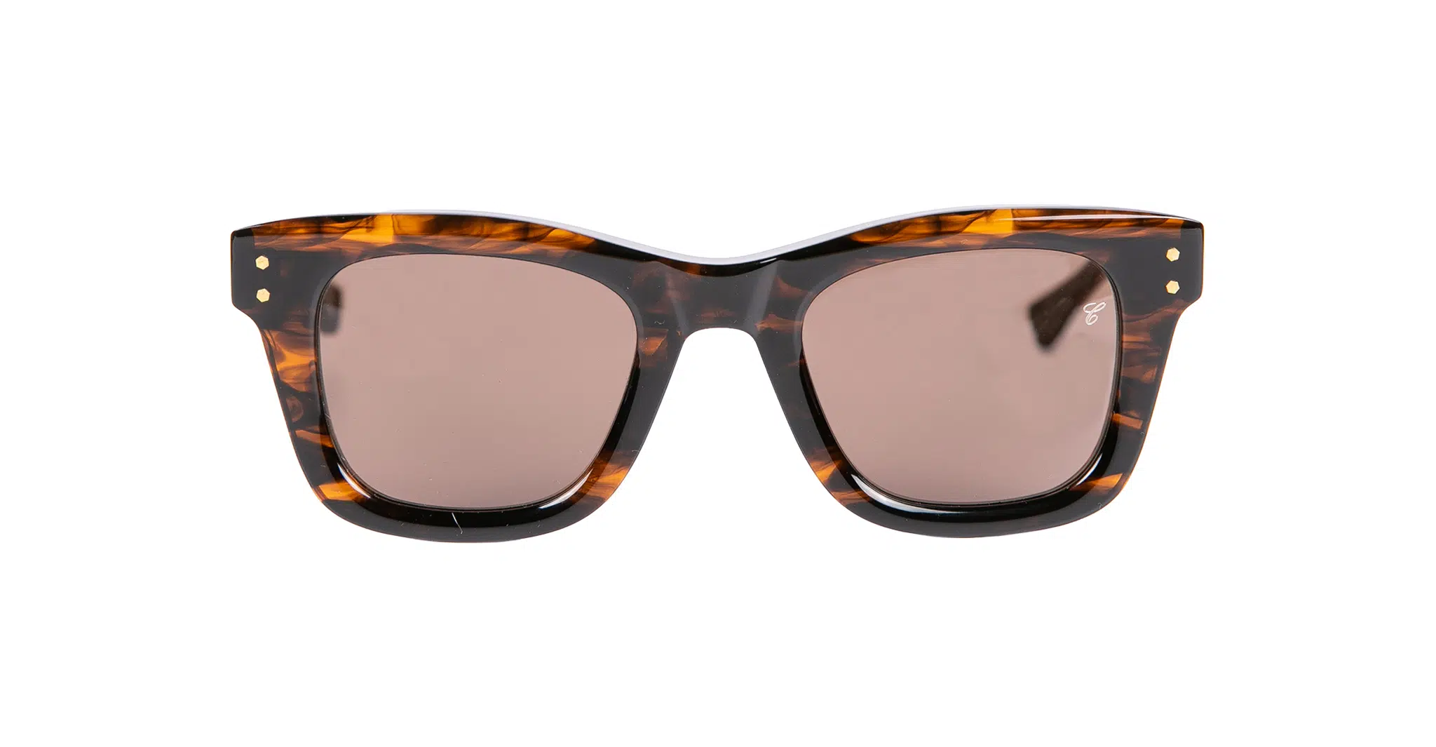 Native Sons x Casinola "The E's" sunglasses feature a tortoiseshell pattern, rectangular frames, and brown tinted lenses, displayed against a white background.