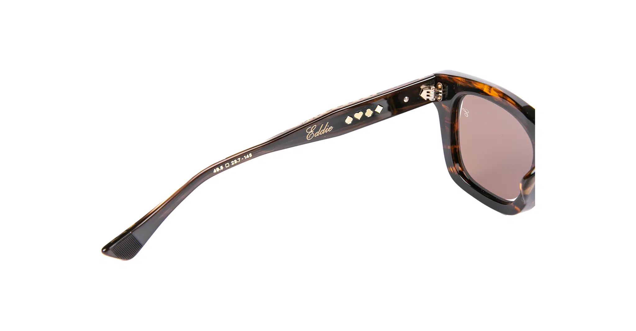 Native Sons x Casinola "The E's" tortoiseshell sunglasses with brown lenses shown in side view. The temple arm displays gold accents with three diamond shapes and a signature near the hinge.
